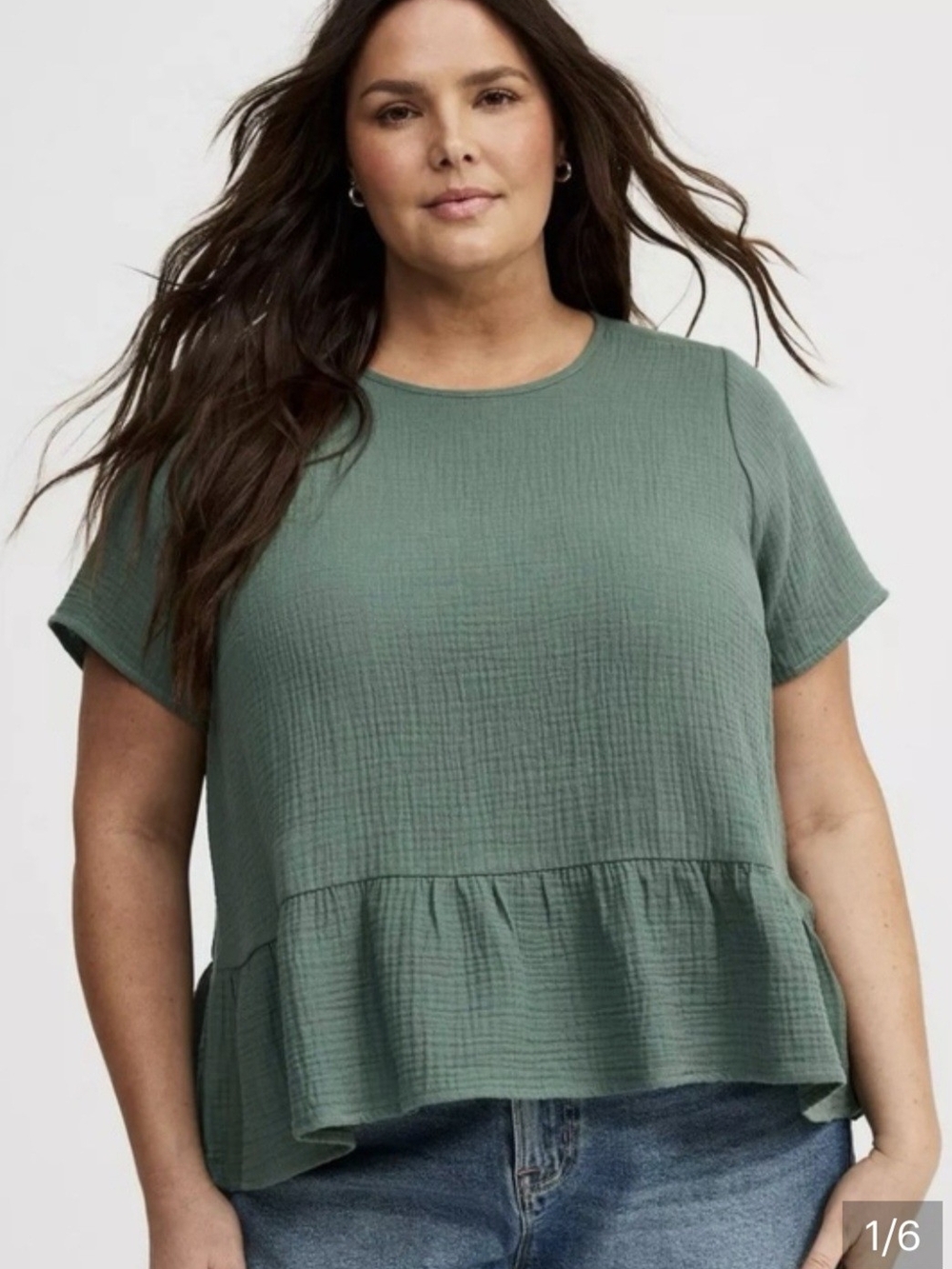 Womens Plus Ruffle-Hem Short Sleeve Top - Sage Green